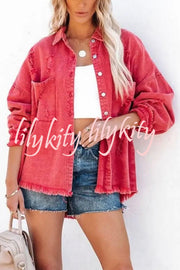 Stylish Lapel Long Sleeve Ripped Denim Jacket