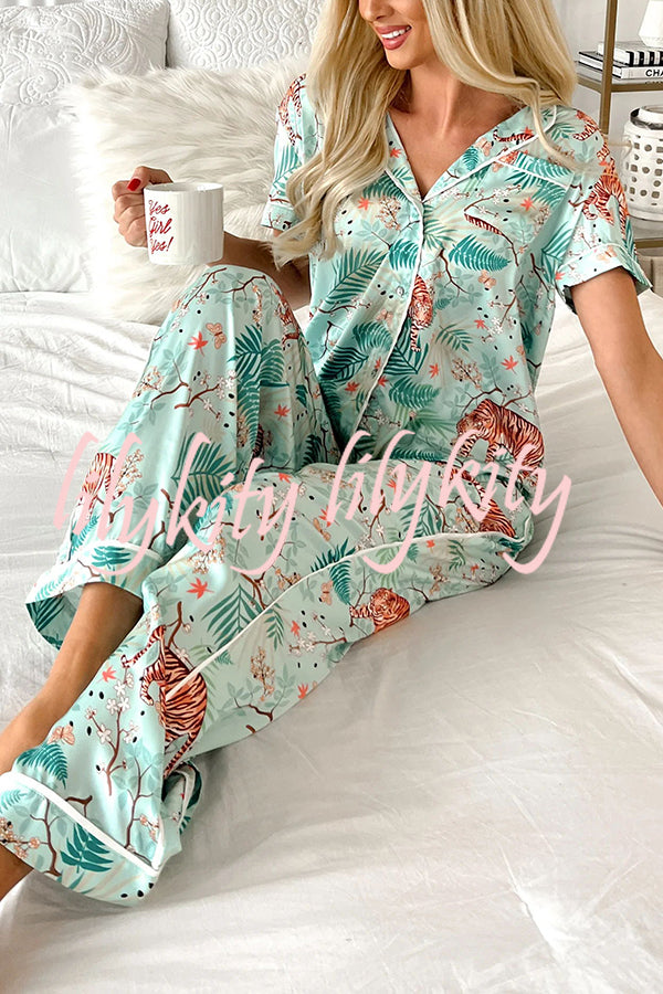 Sleeping Tiger Satin Elastic Waist Pocketed Pajama Pants Set