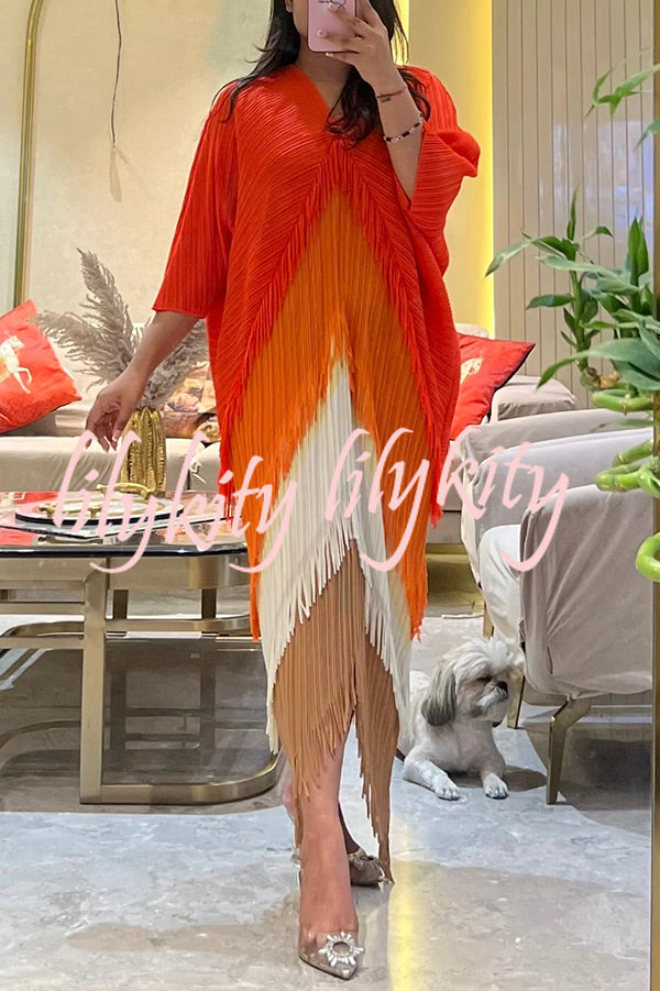 Fashionable Color-blocked Multi-layered Tassel Loose Midi Dress