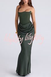 Attend The Gala Strapless Corset Satin Ruched Hip Drape Maxi Dress