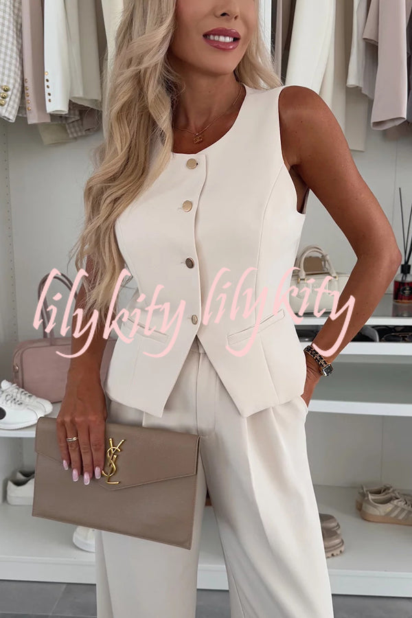 Workplace Chic Sleeveless Button Vest and Relaxed Pocket Wide Leg Pants Set