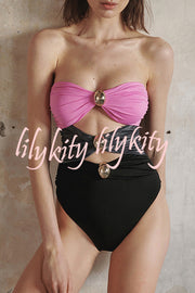 Color Block Patchwork Hollow Metal Decorative Stretch One-piece Swimsuit