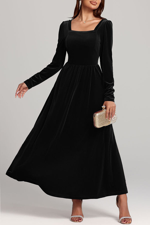 Solid Color Velvet Square Neck Long Sleeve Elegant Maxi Dress