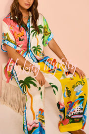 Kissed By The Sun Satin Unique Print Colorblock Button Down Oversized Blouse