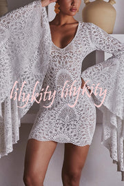 Coachella Time Unique Lace Pattern Oversized Bell Sleeve Stretch Mini Dress