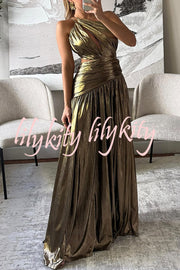 Shine Bright Metallic Fabric One Shoulder Cutout Back Lace-up Slit Maxi Dress