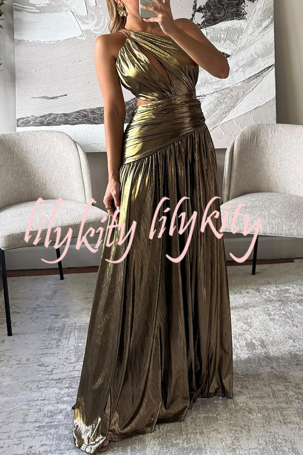 Shine Bright Metallic Fabric One Shoulder Cutout Back Lace-up Slit Maxi Dress