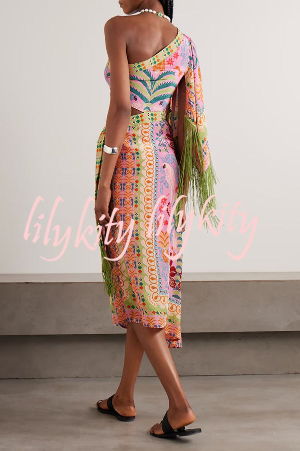 Fruits Queen Unique Print One Shoulder Fringe Detail Scarf Midi Dress