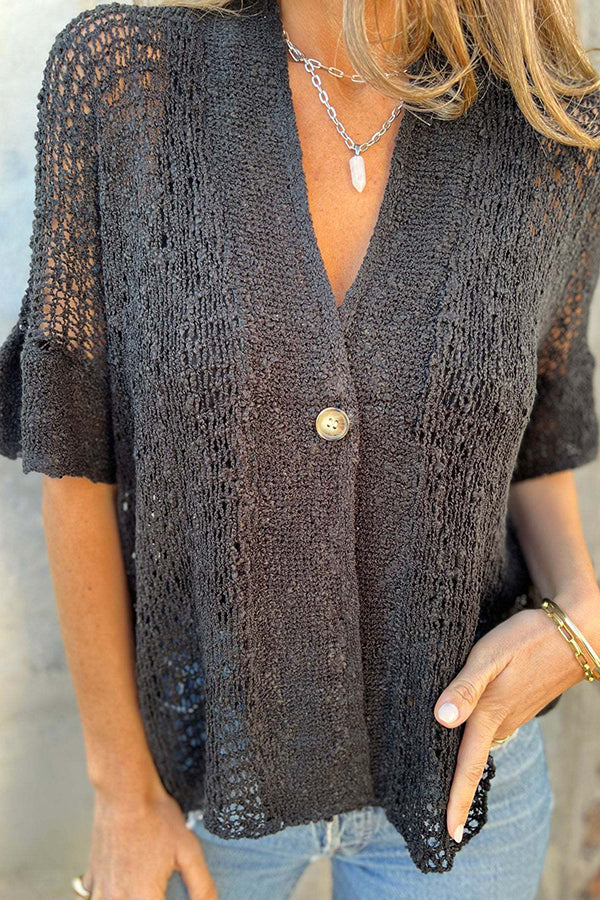 Solid Color Hollow Sleeve V-neck Button Knitted Cardigan