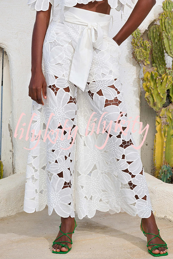 Redefining Elegance Floral Lace Cropped Shirt and Belt Pocketed Wide Leg Pants Set