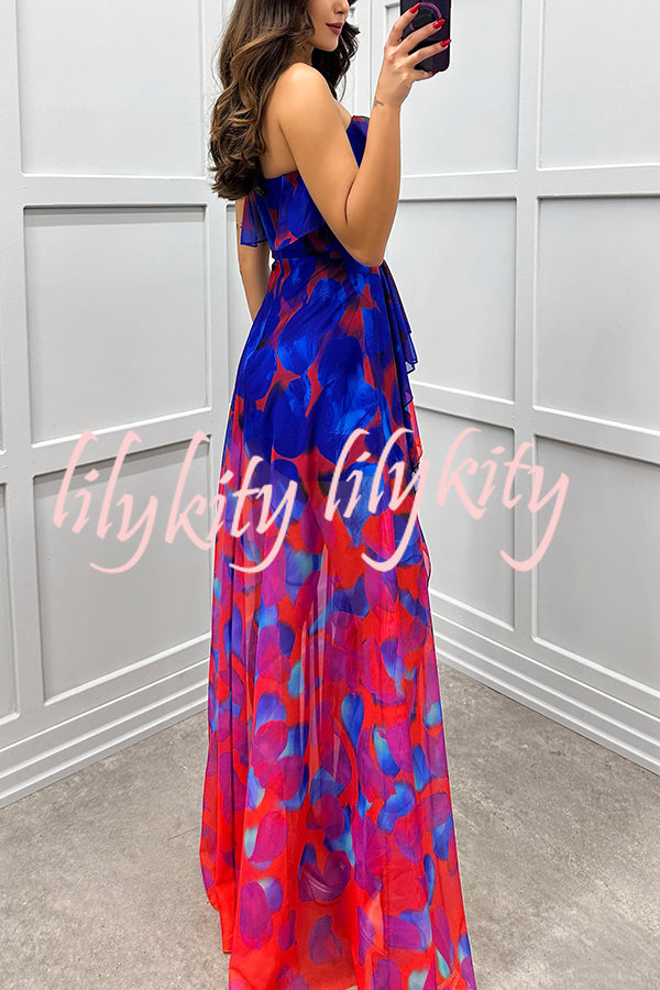 Loving Moment Gradient Unique Print Flowing Layered Ruffles Strapless Slit Maxi Dress