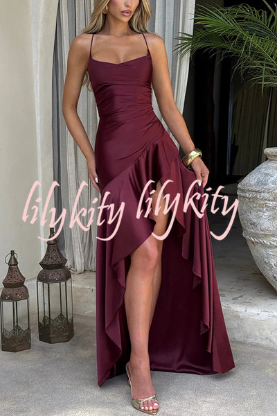 Solid Color Sexy Backless Lace-up Irregular Ruffled Maxi Dress