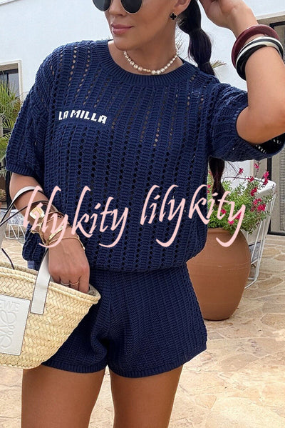 Fashionable Hollow Knit Short-sleeved Top and Elastic High-waist Casual Shorts Set