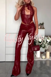 Style Challenge Stretch Faux Leather Lace Halter Tank and Zipper Waist Flare Pants Set
