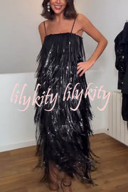 Chic Celebration Layered Sequined Tassels Slip Strapless H-line Midi Dress