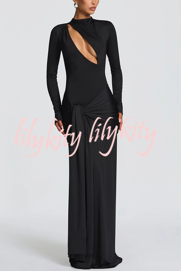 Sexy Cutout Fitted Long-sleeved Pleated Satin Ribbon Maxi Dresses