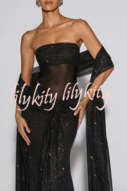 Paula Sequined Mesh and Jersey Off Shoulder Ruched Knot Drape Shawl Maxi Dress