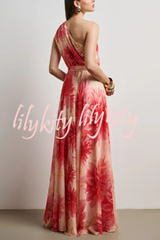Floral Print One Shoulder Waist Tie Full Hem Resort Style Maxi Dress