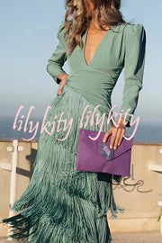 Solid Color V-Neck Long Sleeve Elegant Tassel Maxi Dress