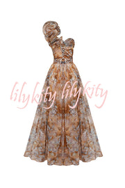 Romantic Ball Chiffon Floral One-shoulder Pleated Design Back Lace-up Gown Maxi Dress