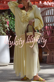 Solid Color Pleated Ruffled Tie Long Sleeve Loose Shirt