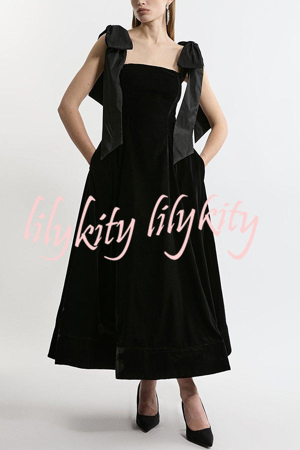 Romantic Type Velvet Bandeau Taffeta Bow Strap Pocketed Prom Maxi Dress