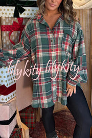 Christmas Morning Plaid Button Down Long Sleeve Pocket Loose Blouse