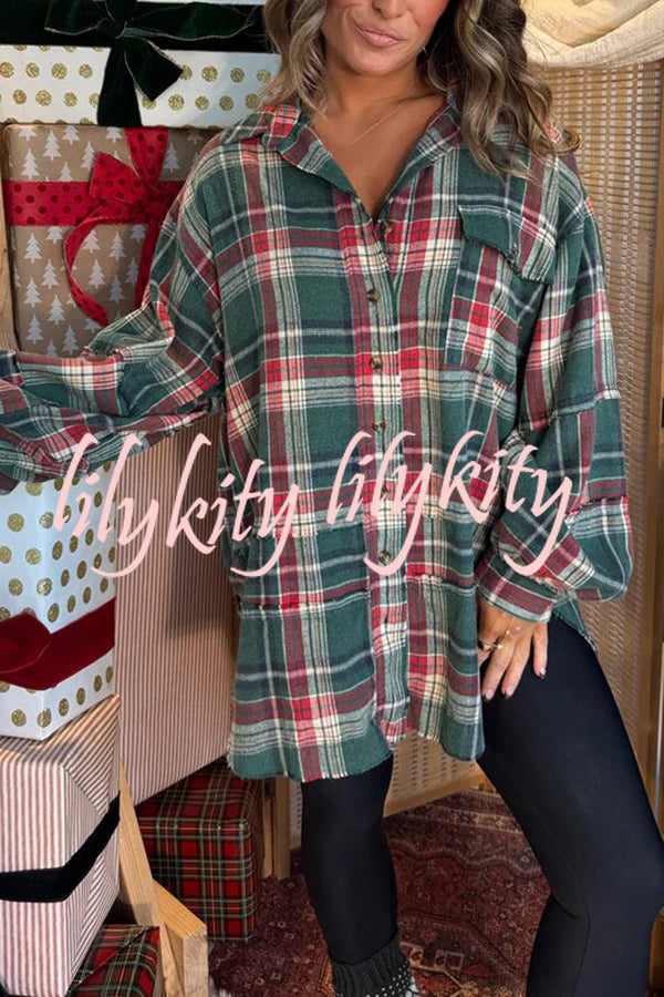 Christmas Morning Plaid Button Down Long Sleeve Pocket Loose Blouse