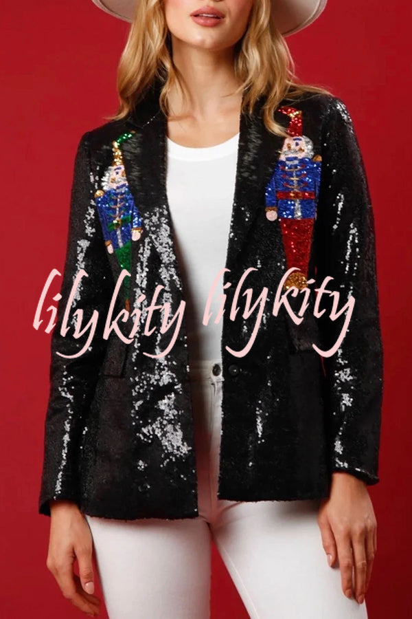 Make Your Christmas High Sequin Nutcracker Lapel Loose Blazer