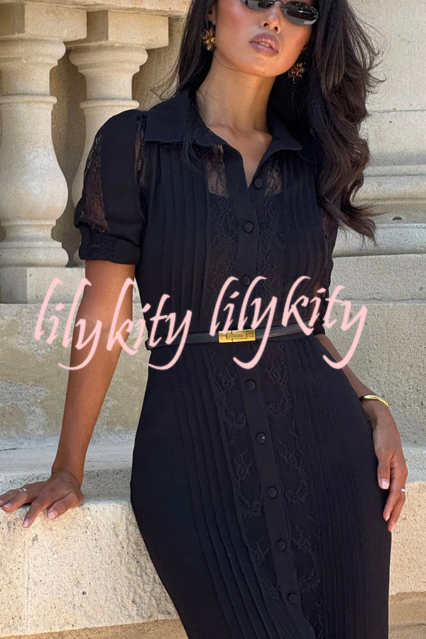 Lysette Lace Trim Pleated Button Up Short Sleeve Shirt Midi Dress