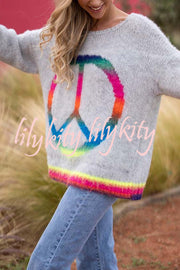 Love and Peace Knit Rainbow Pattern Loose Pullover Sweatershirt