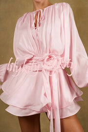 Solid Color Long Sleeve V-Neck Lace-Up Elegant Flower Decorated Mini Dress