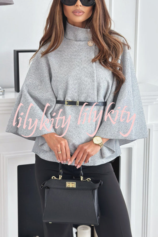 Elegant Moment Woolen Button Turtleneck Belted Oversized Cape