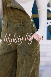 Falling Leaves Corduroy Metal Buckle Pocket Wide Leg Jumpsuit Overalls