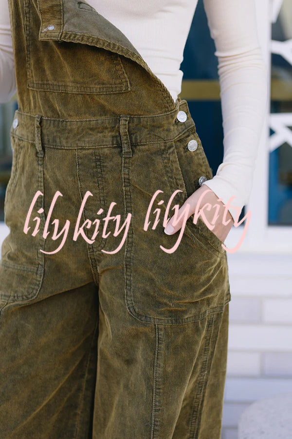 Falling Leaves Corduroy Metal Buckle Pocket Wide Leg Jumpsuit Overalls