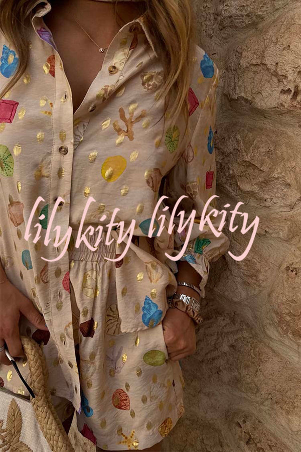 Fashionable Gold Stamping Unique Printing Lapel Long Sleeve Shirt and Elastic Waist Casual Pocket Shorts Set