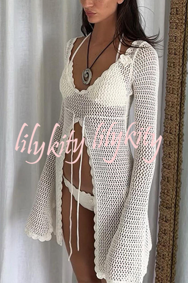 Elegant Knitted Cutout V Neck Lace Up Long Sleeves Cover Ups
