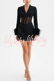 GIA Lace Corset Waist Feather Sleeve Structured Lapel Blazer Mini Dress