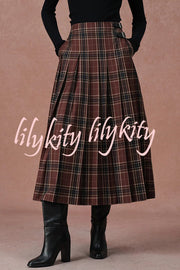 Yehudit Plaid Belt Buckle Design High Rise Pocket Midi Umbrella Skirt