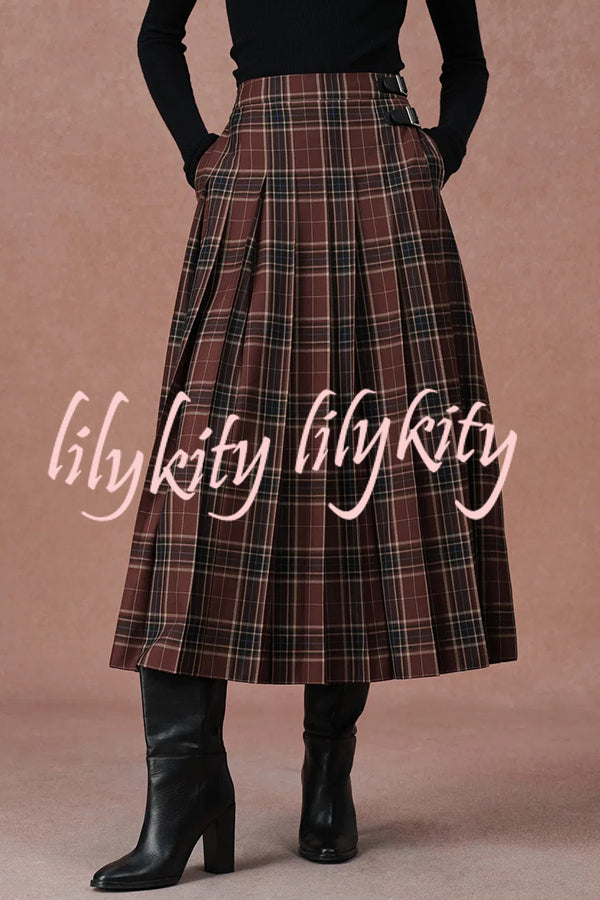 Yehudit Plaid Belt Buckle Design High Rise Pocket Midi Umbrella Skirt