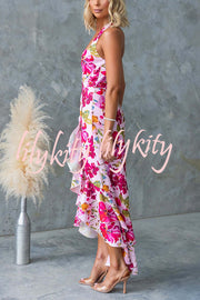 Floral Fantasy Printed Halterneck Backless Slit Ruffles Maxi Dress