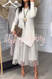 Jensine Ribbed Knit Long Sleeve Irregular Hem Loose Sweater