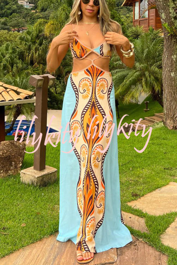 Summer Symphony Linen Blend Ethnic Unique Print Cutout Waist Back Tie-up Maxi Dress