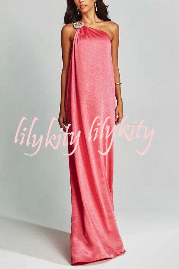 Charming Glance Satin Metal Hardware One Shoulder Loose Maxi Dress