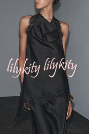 Dolly Satin Lace Trim Halter Cowl Neck Asymmetric Hem Tank