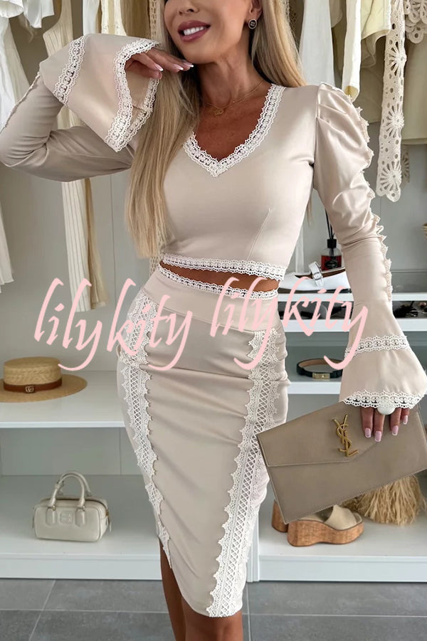 Career Beauty Lace Paneled Long Bell Sleeve Crop Top and High Rise Mini Skirt Set