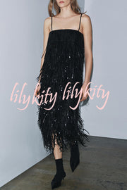 Chic Celebration Layered Sequined Tassels Slip Strapless H-line Midi Dress
