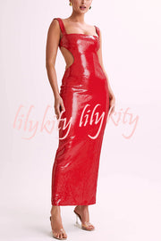 Eye Catching Sequin Cutout Waist Wide Strap Bacakless Maxi Dress