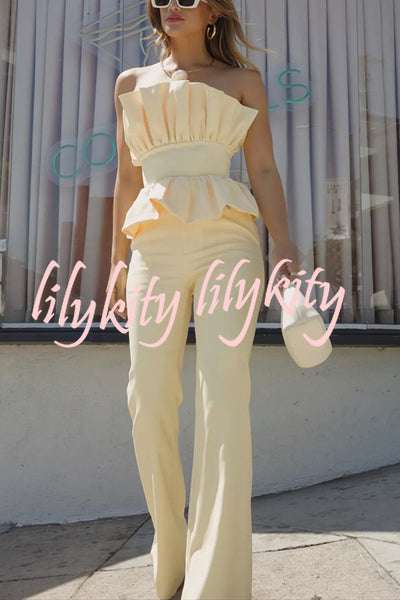 Every Occasion Crepe Panel Ruffles Strapless Top and High Rise Pocketed Flare Pants Set