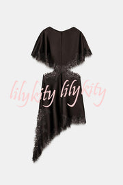 Jessica Satin Lace Trim Cape Sleeves Cutout Waist Asymmetrical Hem Midi Dress